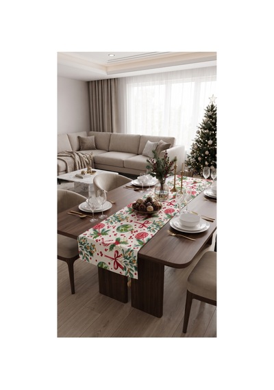 Duck Kumaş Runner 40x150 Cm Yılbaşı Şeker Bastonu, Çam Dalı Ve Kırmızı Kurdele Desenli, Su İtici Leke Tutmaz Masa Şeridi Kırmızı - 935840398 Kırmızı