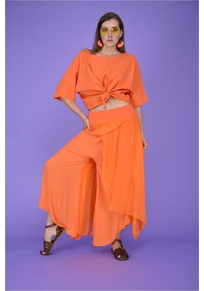 Bohem Stil Kadın Asimetrik Kapaklı Ipek Şalvar Pantolon-8775 Orange