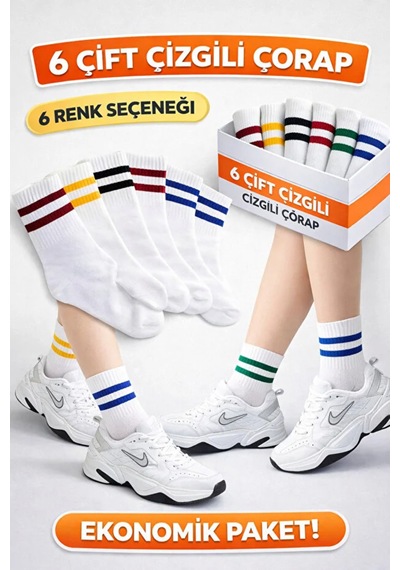Festival Socks 6 Çift Unisex Çizgili Pamuklu Tenis Kolej Çorap Seti beyaz