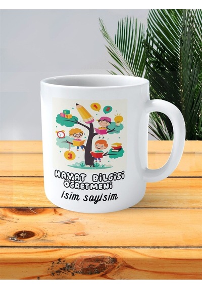 Hayat Bilgisi Öğretmeni Baskılı Kupa Bardak İsimli Kişiye Özel Bilgi Ağacı Çok Renkli
