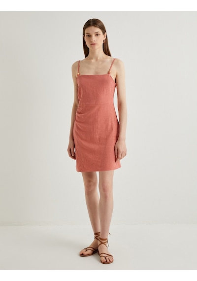 Koton Keten Karışımlı Elbise Mini İnce Askılı Boncuklu Rose 4sak80425pw Pembe