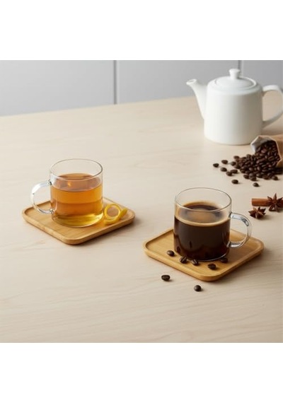 Tr Bambu Tabaklı 2'li Cam Fincan Seti 150 Ml - Yuvarlak/kare Seçenekli Borosilikat Bitki Çayı Ve Double Kahve Fincan Diğer