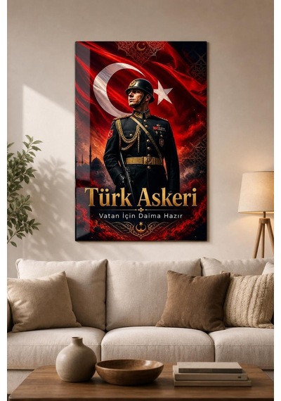 Türk Askeri Baskılı Cam Tablo Bayraklı Vatan Temalı Dekoratif Duvar Tablosu