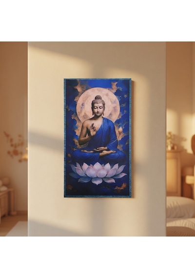 Lotus Üzerinde Buddha Ahşap Tablo - Zen & Meditasyon Duvar Dekoru - 16x28 Cm Özel Baskı Spiritüel Sanat