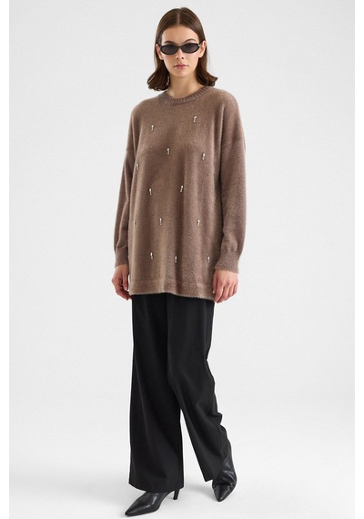 Olcay Taş Detaylı Soft Kumaş Oversize Triko Kazak Vizon 8290