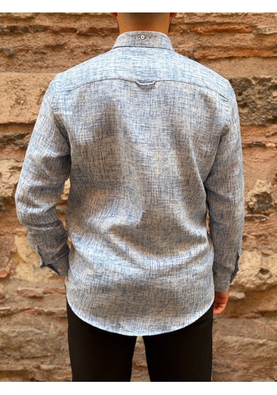 Slim Fit Uzun Kol Müslin Dijital Baskılı Hediye Kutulu Erkek Gömlek Fs-004599 - Mavi-3361 MAVİ
