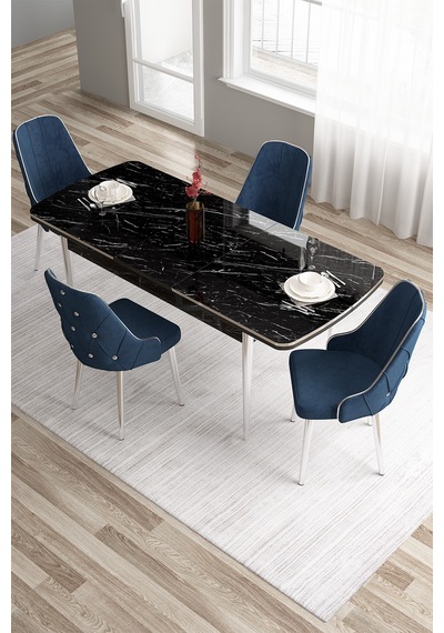 Canisa Tia Serisi 80x132 Mdf Açılabilir Siyah Mermer Desen Krom Detay Masa Takımı Ve 4 Lacivert Sandalye Masa Siyah Mermer Desen Sandalye Lacivert Canisa Tia Serisi 80x132 Mdf Açılabilir Siyah Mermer Desen Krom Detay Masa Takımı Ve 4 Lacivert Sandalye Masa Siyah Mermer Desen Sandalye Lacivert