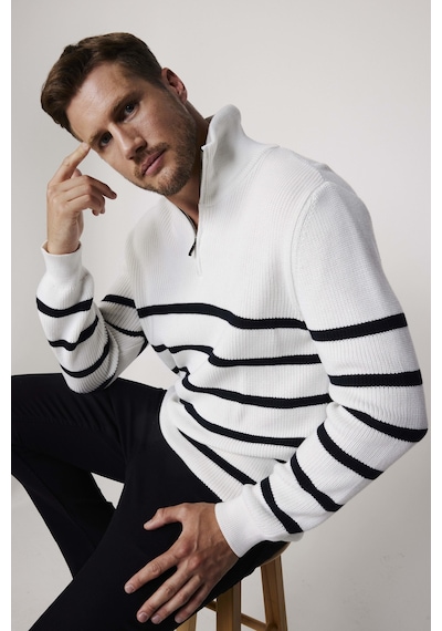 Tudors Erkek Slim Fit Fermuarlı Dik Yaka Çizgili Pamuklu Triko Kazak-27796 Çok Renkli