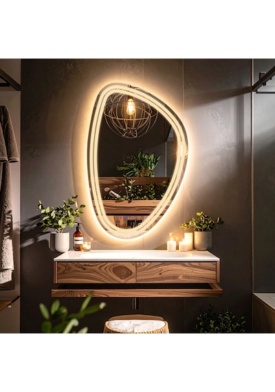 Elan Asym Günışığı Kumlamalı Lavabo & Banyo Aynası Dokunmatik Sensörlü 100 X 65 Cm