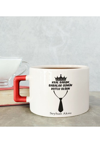 Bk Gift Kişiye Özel Babalar Günü Tasarımlı Kırmızı Kulplu Çay & Kahve Fincanı-12, Babaya Hediye, Babalar Günü Hediyesi