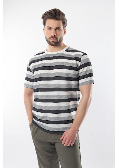 Madmext Siyah Bisiklet Yaka Çizgili Erkek T-shirt E7118 Siyah