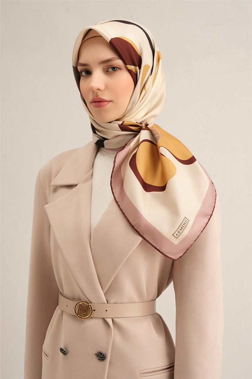 Armine Çiçek Desenli Saf İpek Sura Eşarp 9317d 02 BEj