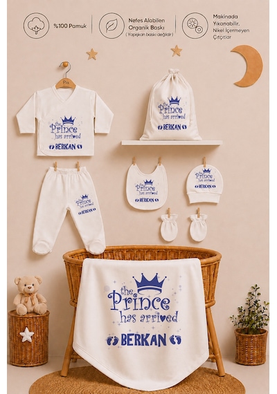 Pia Baby İsimli Erkek Bebek %100 Pamuk Zıbın Set Yastık Kılıfı Battaniyeli Kıyafet Keseli 2033zybk3x Ekru