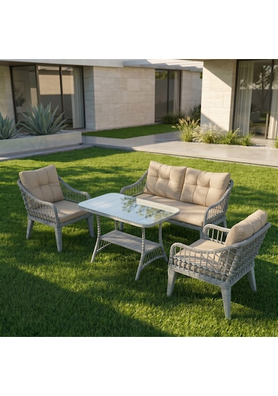 Kaş 2+1+1+sehpa Bahçe Balkon Mobilyası,gri Rattan/Kumaş Bej