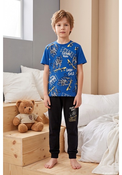 Remsa Erkek Çocuk Kısa Kol Penye Pijama Takımı 3973 Saks Saks Mavi