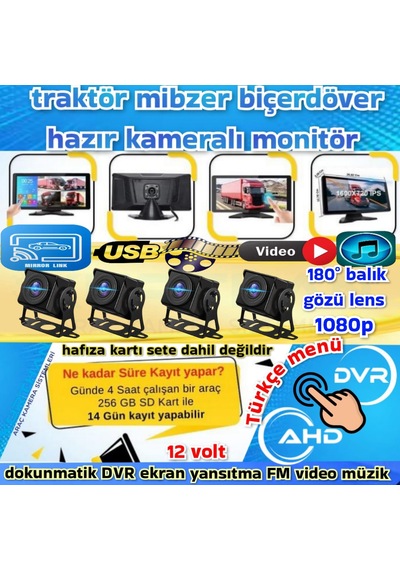 4 Adet Ahd 180 Derece Kamera Dvr Video Müzik Dokunmatik Monitör 12 V
