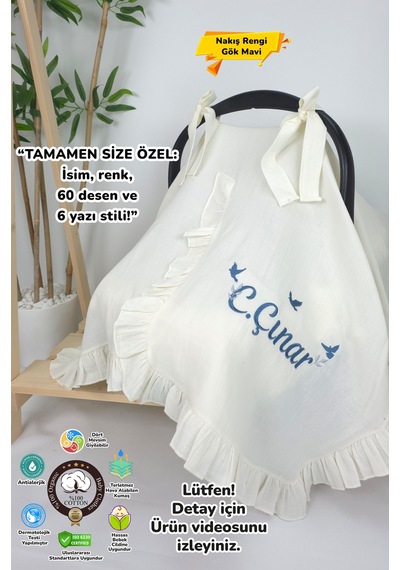 Gros Shop Müslin Yeni Doğan 4katlı Organik %100pamuk Kişiye Özgü Nakışlı Hastane Çıkış Seti-3'lü Kuş Model Ekru-3