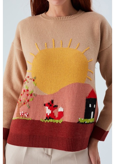 Peraluna Sunny Pullover El İşlemeli Desenli Kadın Triko Kazak Bej/kahve-çok Renkli Çok Renkli