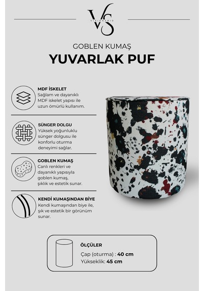 Desenli Goblen Dokuma Dekoratif Kendinden Biyeli Yuvarlak Puf Beyaz