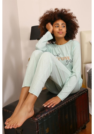 Akbeniz Kadın Penye Uzun Kol Pijama Takım 4188 - L Su Yeşili