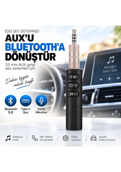 Bluetooth Aux Araç Kiti 5.0 3.5 Mm Adaptör Type-c Şarjlı Mikrofonlu