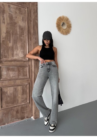 Kadın Straight Likralı Yüksek Bel Boru Paça Kot Pantolon Orta Füme Gri+ortafüme