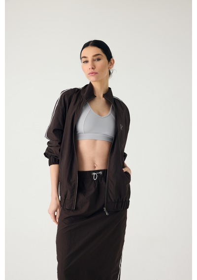 Normal People Rınea- Fermuarlı Şeritli Spor Ceket Crinkle Kumaş Kahve
