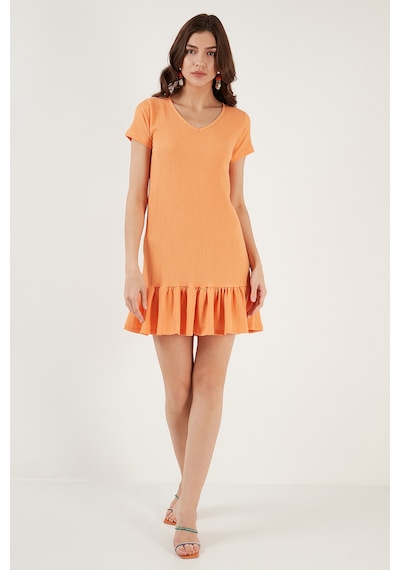 Lela Regular Fit Fırfırlı V Yaka Bürümcük Mini Bayan Elbise 5865071 Açık Oranj