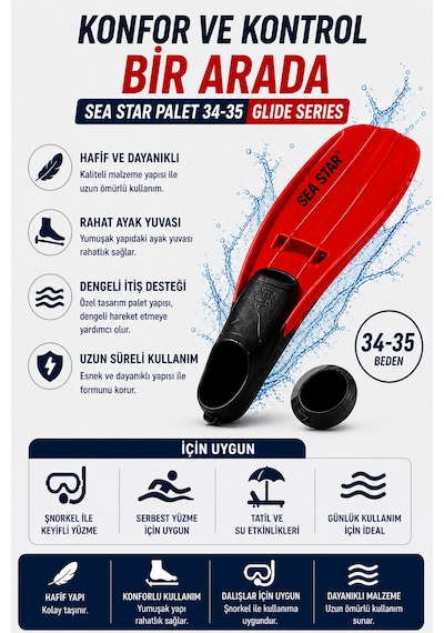 Deniz Paleti 34-35 Numara Yüzme Paleti Snorkel Dalış Rahat Esnek Hafif Tatil Paleti Seti Kırmızı Siyah