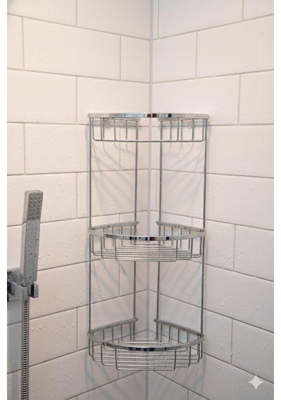 Lüks Krom Duş Köşe Rafı 3 Katlı - Paslanmaz Banyo Şampuanlık Krom