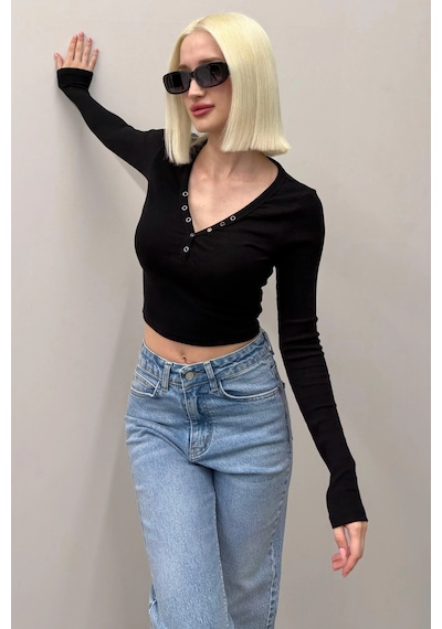 Madmext Siyah V Yaka Uzun Kollu Düğme Detaylı Kaşkorse Bodysuit Mg2194 Siyah