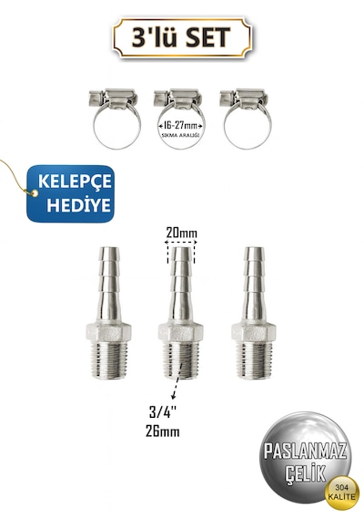 Paslanmaz Hortum Rekoru - 3/4inç Rekor + Kelepçe 3'lü Set - Krom Çelik Hortum Ucu - 304 Kalite 3/4''