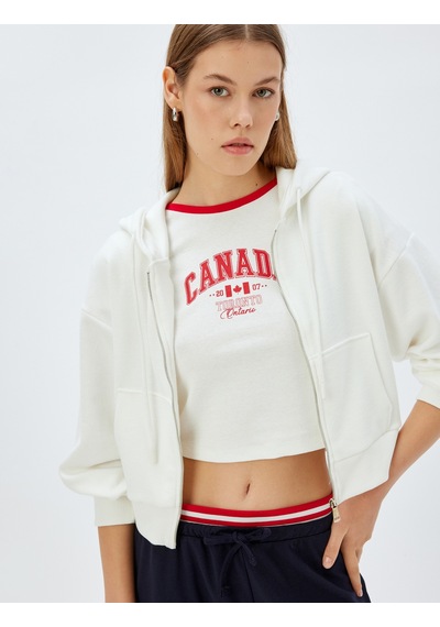 Koton Cepli Uzun Kollu Crop Kapüşonlu Fermuarlı Sweatshirt Ekru 5wak10056ek Ekru