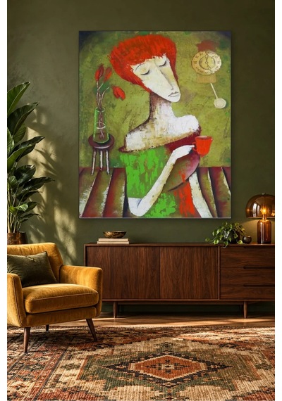 Fida Kızıl Saçlı Kadın Çay Molasında Canvas Tablo Çok Renkli