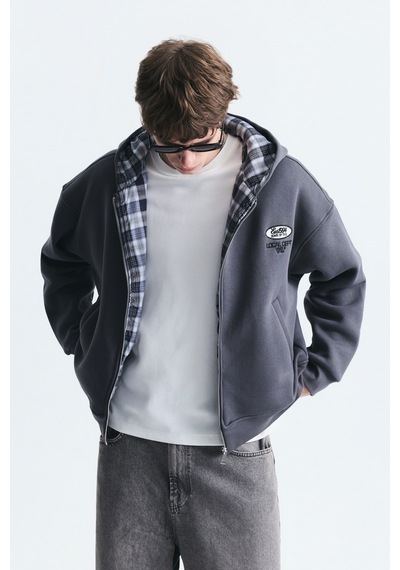 Vamos Boxy Fit Fermuarlı Kapüşonlu Sweatshirt V70-245 Füme