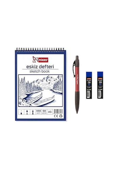 Umix Eskiz Versatil Kalem 1.8 X 0.9 Mm Bordo + Mikro A5 50 Yaprak 100 Gr Eskiz Defteri+ Mikro Eskiz Kalem Ucu 2b 1.8 Mm 2 Adet