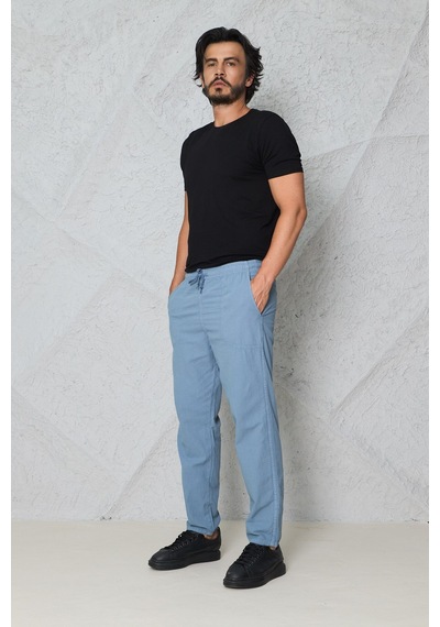 Blayn Jeans Erkek Haki Jogger Pantolon Beli Lastikli Bağcıklı %100 Pamuk Keten Baggy Rahat Günlük Pantolon Buz Mavi