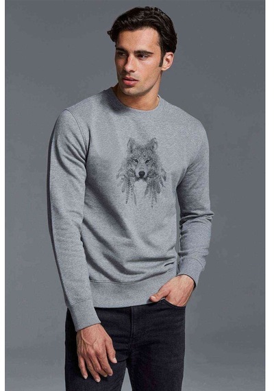 Kurt Baskılı Gri Erkek Örme Sweatshirt