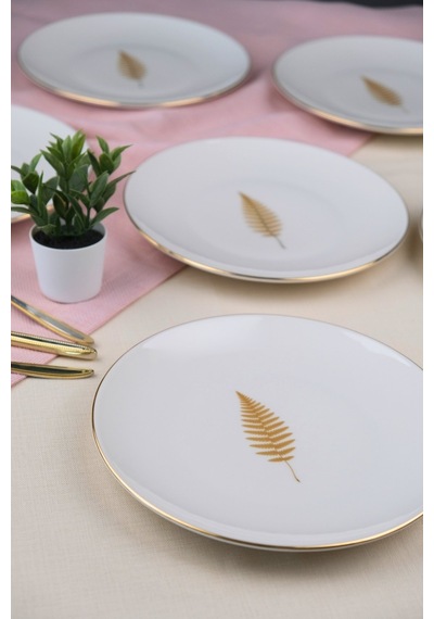 Tabak Evi Porselen Natura Fern Altın Yaldız Pasta Tabağı 20,50cm 4 Lü Çok Renkli