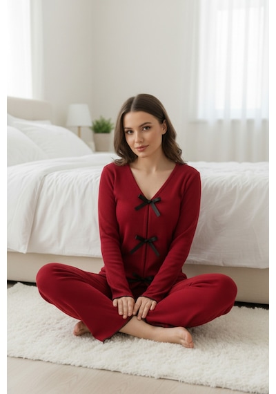Fantezia Night Kadın Bordo Fiyonklu İç Çamaşırı Ve Uzun Kollu V Yaka Pijama Takımı 4'lü Set