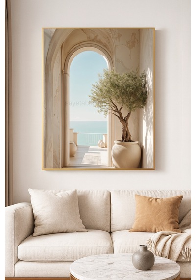 Belvedere - Gerçek Cama Baskı Gold Alüminyum Metal Çerçeveli Tekli Modern Cam Tablo
