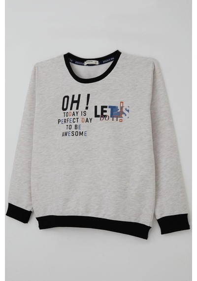 Breeze Erkek Çocuk Sweatshirt Renkli Yazı Baskılı 10-16 Yaş, Bej Melanj