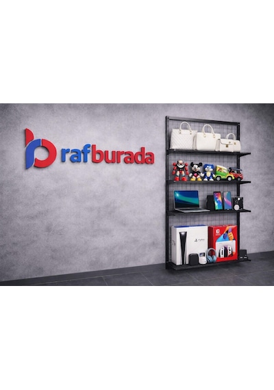 5 Raflı Duvara Monte Tel Pano Rafı - Tel Pano Stand, Duvar Askılığı Siyah-30x100x200 Cm Siyah