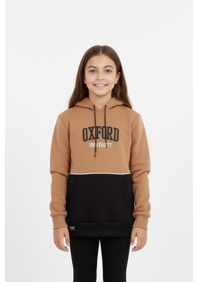 Kapşonlu Oxford Baskılı Kanguru Cepli Kız Çocuk Sweatshirt-90863 Kahverengi