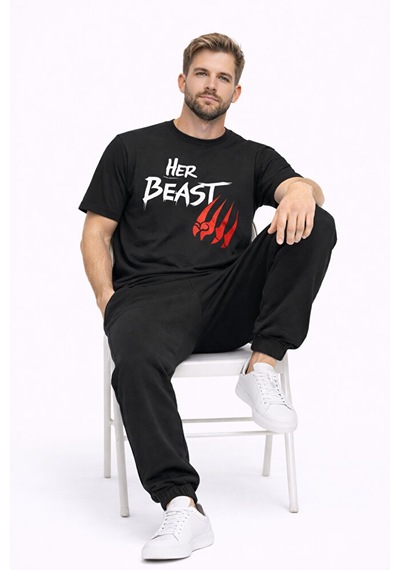 Sevgili Kombini Her Beast His Beauty Oversize Çift Tişört Unisex Siyah