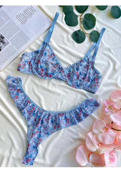Gece Perisi Kadın Mavi Çiçek Desenli Balenli Telli Bralet Tanga İç Giyim Takımı 2 Parça Sütyen Takım Gece Perisi Kadın Mavi Çiçek Desenli Balenli Telli Bralet Tanga İç Giyim Takımı 2 Parça Sütyen Takım