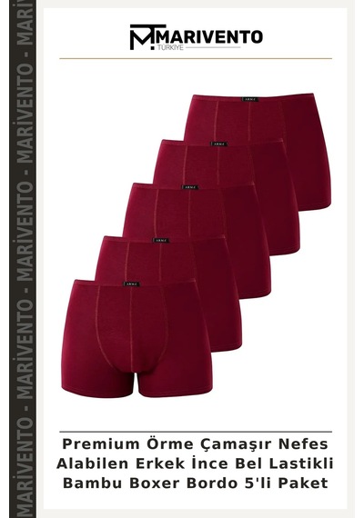 Marivento Premium Örme Çamaşır Nefes Alabilen Erkek İnce Bel Lastikli Bambu Boxer Bordo 5'li Paket