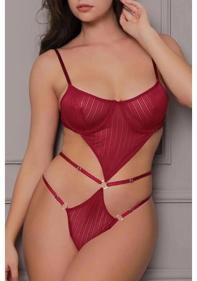 Mentra Online Tül Detaylı Bordo Balenli Özel Tasarım Kadın Bodysuit Sarı