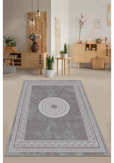 Gri Çerçeveli Kaymaz Tabanlı Makinede Yıkanabilir Halı Ar690n11