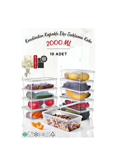 10 Adet Kendinden Kapaklı Derin Dondurucuya Uygun Saklama Kabı 2 Lt Şeffaf